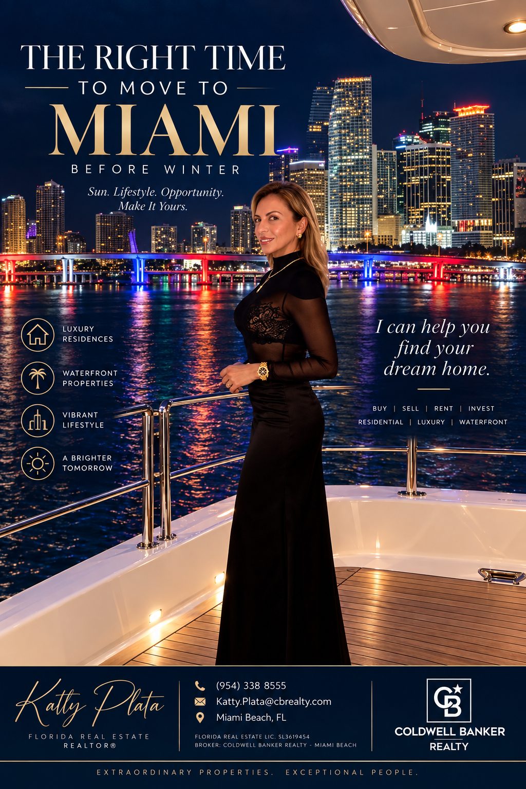 KATTY PLATA aboard a yacht in Miami at night with the illuminated city skyline in the background.